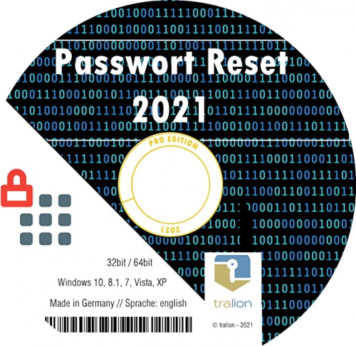 TRALION Passwort Reset PRO 2021 - CD/DVD für Windows XP, Windows Vista, Windows 7, Windows 8.1, Windows 10 - System Rettung, Password Reset, zurücksetzen - 32bit, 64bit - deutsch